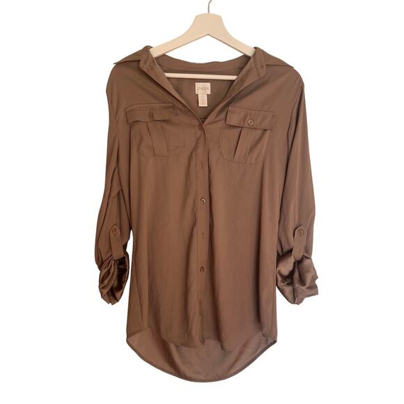 Chicos Tunic Women’s Size 0 Brown Top Capsule Quiet Luxury Utility Neutrals Fall - Picture 1 of 11